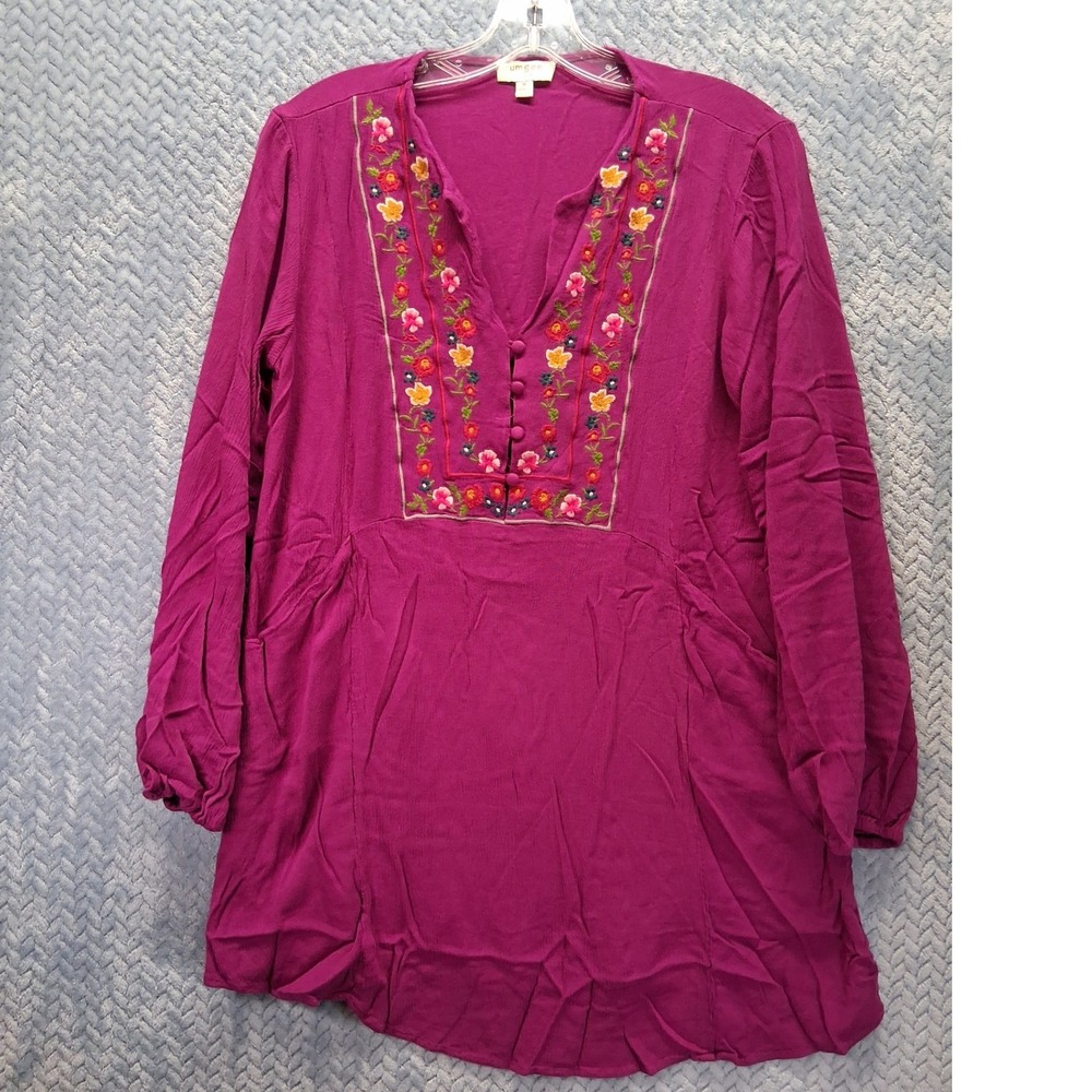 Umgee Magenta Floral Embroidered Rayon Tunic Top Purple Boho Medium